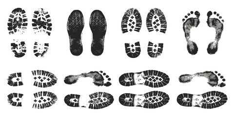 Collection of various black shoe prints and barefoot marks isolated on a white background vector illustration © GraphixEra