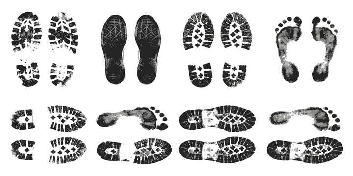 Collection of various black shoe prints and barefoot marks isolated on a white background vector illustration