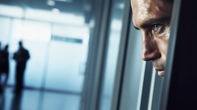 Intense Man Peering Through Office Doorway