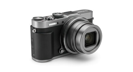 Fototapeta premium Sleek, compact digital camera; black body, silver accents, lens prominent