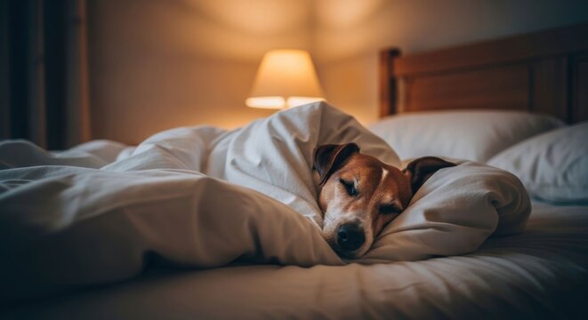 Sleeping dog cozy in a bed, head peeking from under white covers
