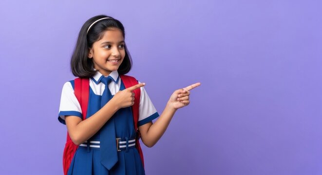 Smiling girl in school uniform points at something, purple background