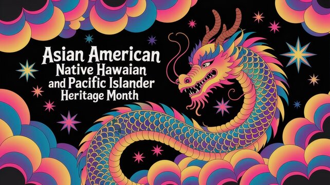 Asian American Native Hawaiian and Pacific Islander Heritage Month text with a large vibrant dragon and stylized clouds and stars on a black background