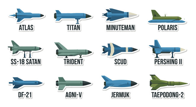 Collection of twelve distinct ballistic missile types including atlas, titan, minuteman, polaris, ss-18 satan, trident, scud, pershing ii, df-21, agni-v, jermuk, and taepodong-2,