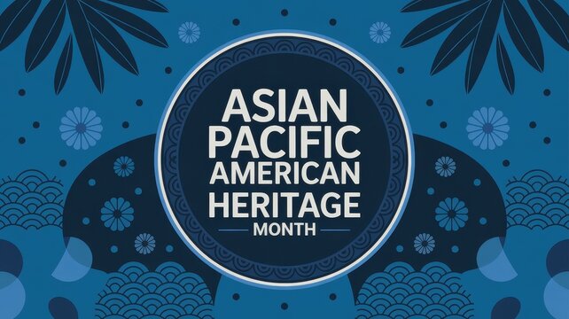 Asian Pacific American Heritage Month banner with blue floral motif and traditional wave pattern