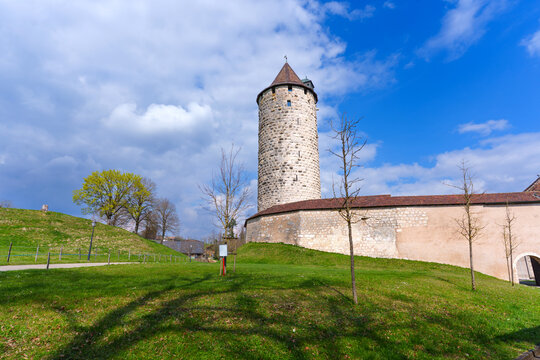 Historic Round Tower and Medieval City Walls in Murten Switzerland