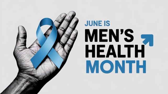 June is Men's Health Month banner featuring blue awareness ribbon on open hand