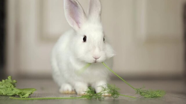cute white rabbit eats vegetables
