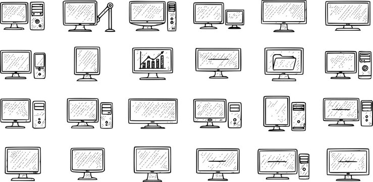 Black and White Line Art Collection of Various Computer Monitors and Peripherals