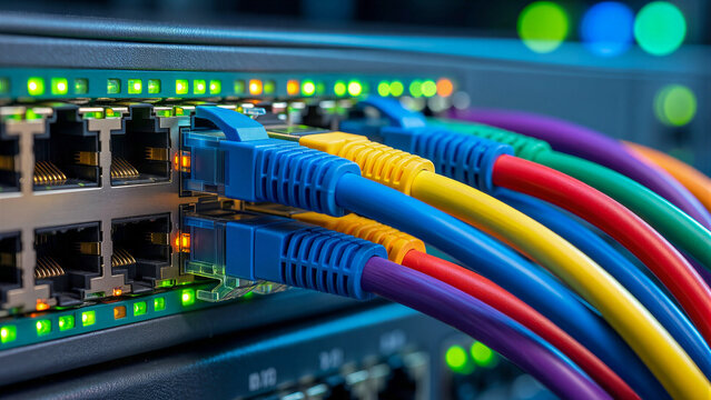 Ethernet cables connected to network switch with blinking lights in data center