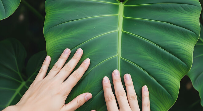 A large green leaf with two hands for scale comparison