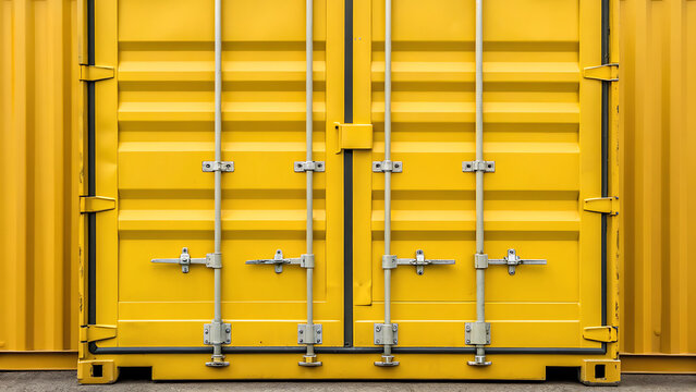 Bright yellow shipping container with secure metal locking bars and padlocks