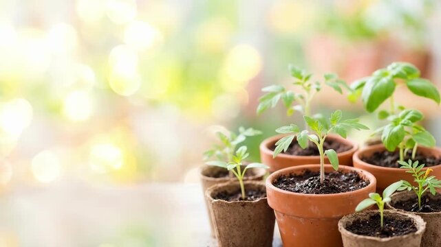 Young basil and tomato seedlings emerging from soil in terracotta and peat pots. Fresh indoor gardening concept for starting vegetable home garden. Spring planting and natural growth cultivation for