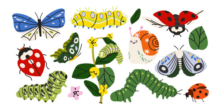 Whimsical collection of cartoon spring garden insects with colorful ladybugs, butterflies, caterpillars and a snail. Cute nature characters for kids design, stickers