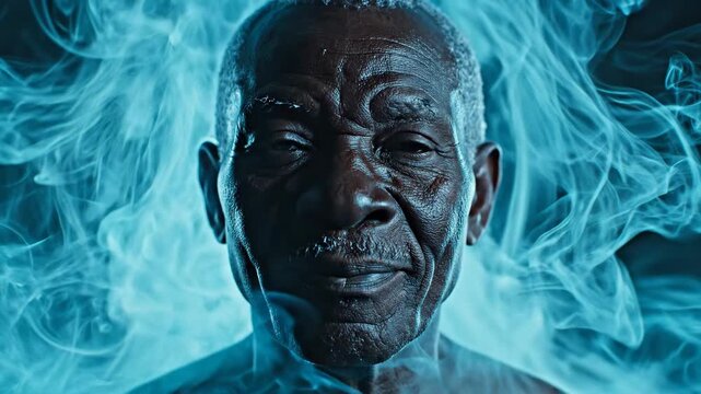 Mysterious Blue Smoke Engulfs an Older Mans Face in a Dramatic Close-Up.
