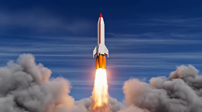 Dramatic launch of a sleek, powerful rocket amidst billowing clouds against a blue sky