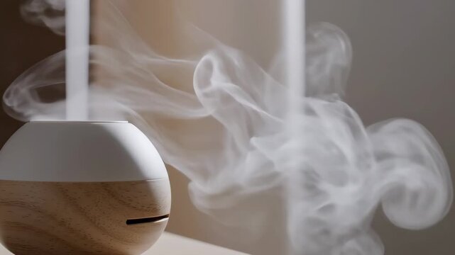 Video of Aromatic diffusion mist floating in minimalist interior setting representing clean living, wellness lifestyle and breathable environment concept for digital branding.