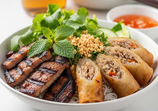 Vietnamese bun thit nuong bowl with grilled pork, crispy spring rolls, fresh herbs, peanuts, and fish sauce