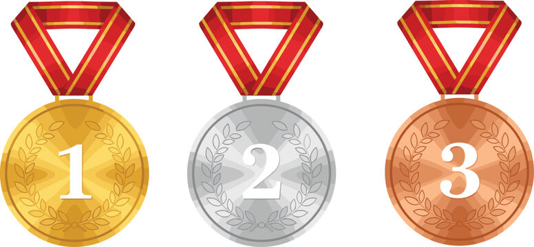 Gold silver and bronze medal set with red ribbons for 1st 2nd 3rd place