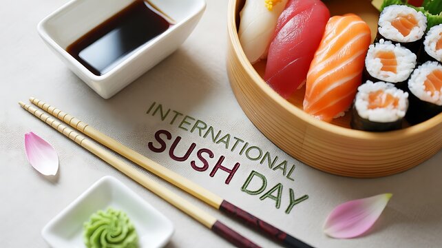 Fresh sushi rolls nigiri with chopsticks and text International Sushi Day
