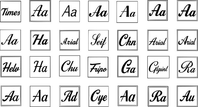 Black and White Typographic Illustration: Comprehensive Grid Displaying Various Font Samples, Typefaces, and Alphabet Letters for Graphic Design  Printing.