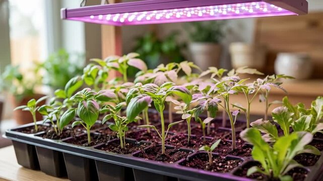 Young green seedlings in black trays under purple led grow light on wooden shelf. Indoor home vegetable gardening setup for starting plants. Sustainable urban farming and hydroponics concept for