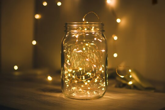 A clear glass mason jar glows warmly with string fairy lights inside on a dark background.