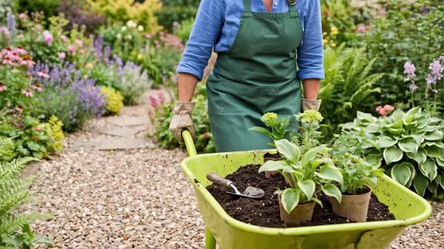 Woman gardener transplanting young plants into wheelbarrow in colorful backyard garden. Home horticulture and spring planting concept for outdoor greenery maintenance and nature connection
