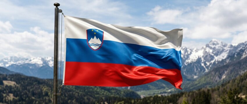 Waving Slovenian flag with coatofarms showing Triglav peaks and three stars on blue white red tricolor, flying from a pole against an alpine mountain landscape