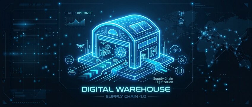 Futuristic neon digital warehouse illustration depicting automated supply chain 4.0 with cloud connectivity, IoT sensors, robotics, data analytics and networked logistics visuals