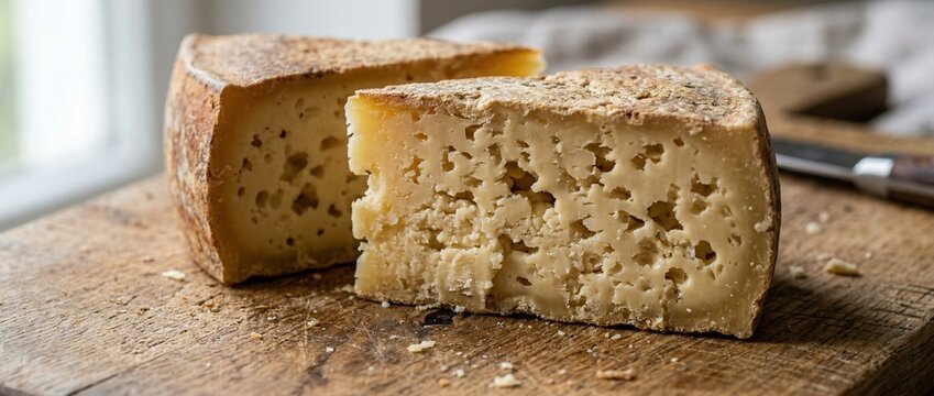 Close-up of a rustic semi-hard artisanal cheese wheel cut in half on a wooden board, revealing a crumbly open-textured interior, natural rind, and serving knife nearby