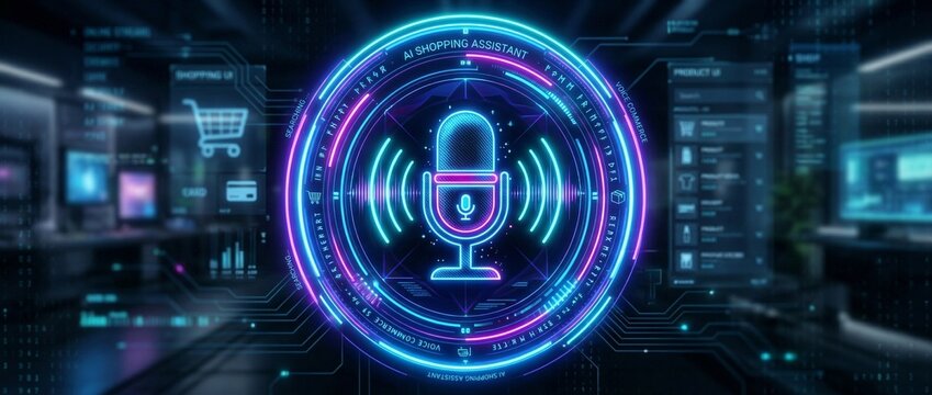 Futuristic neon microphone emblem representing an AI voice assistant and digital shopping assistant within a glowing circular HUD interface set against a high-tech room backdrop