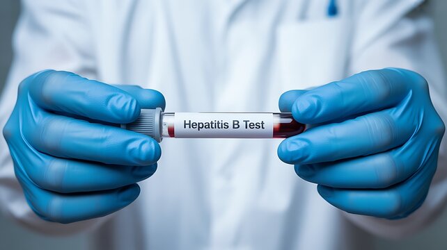 Gloved hands hold blood sample in test tube for Hepatitis B test