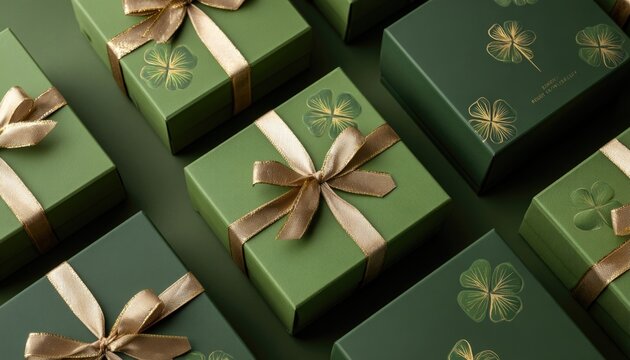 A flat-lay of green-colored bakery boxes tied with gold ribbon, each box decorated with a clover-imprint.