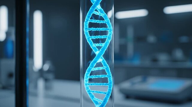Glowing blue DNA double helix in test tube in laboratory