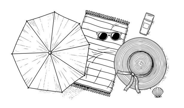 A flat black-and-white vector graphic showcasing a beach setup with a striped towel, sunglasses, sunscreen, sun hat, and seashell on a clean minimalist background