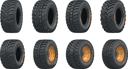 Off road tire collection with rugged tread wheels all terrain truck tires realistic vector illustration set © Danial