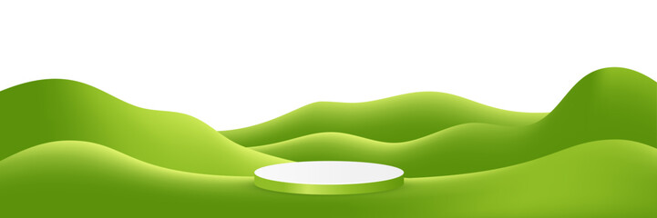 Fototapeta premium Green field landscape with display podium under bright sky, perfect for spring product presentation, natural outdoor background with rolling hills and grass.