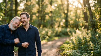 Fototapeta premium Whispering Harmony: Capturing a tender moment, two men walk down a sun-dappled path, sharing a bond of friendship amidst the embrace of nature.