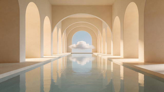 Long pool with arches and cloud reflection