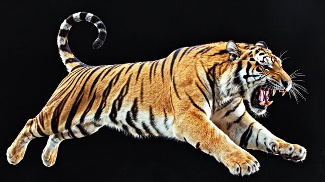 Powerful Bengal tiger in mid-air leap against a solid black background, pouncing forward with mouth open in a roar, showing teeth, extended paws, and detailed orange and black fur stripes.