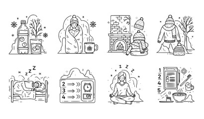 Obraz premium A set of minimalist vector illustrations featuring winter activities, food, sleep, and wellness themes in a stylish black-and-white line art design