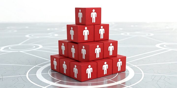 A pyramid of red blocks with white human figures on a gray background