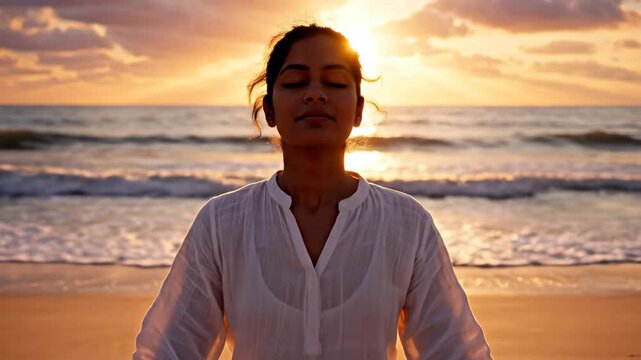 Young woman meditating on the beach at sunset, finding peace and tranquility by the ocean waves.