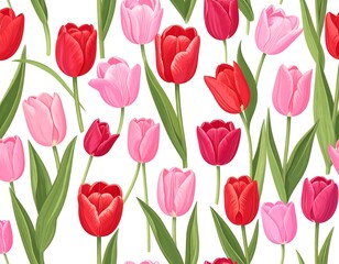 Obraz premium A vibrant floral pattern featuring red and pink tulips