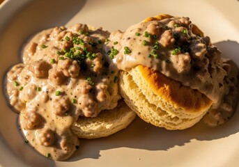 Fototapeta premium Closeup of two freshly baked biscuits topped with savory sausage gravy and sprinkled with fresh green chives