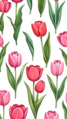 Obraz premium A vibrant floral pattern featuring pink tulips on a white background