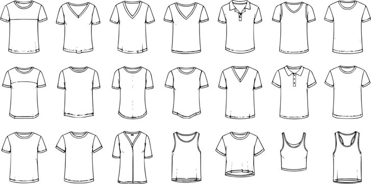 Fashion Apparel Collection: Black and White Line Art Vector Illustration of Various T-Shirts, Tops, and Garments Including Crew Neck, V-Neck, Polo, and Tank Tops