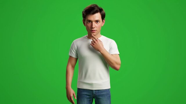 Intelligent young male character in a casual white t-shirt deep in thought, finger to chin, standing on a chromakey green background for versatile use