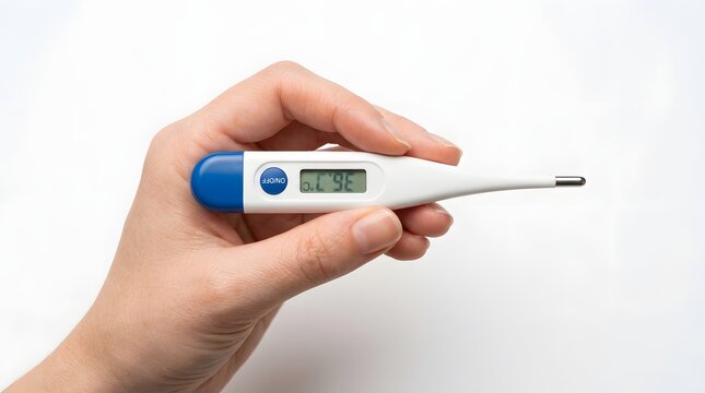 A persons hand is holding a digital medical thermometer displaying a normal body temperature reading of 36 point 7 degrees Celsius against a clean white background for healthcare concepts